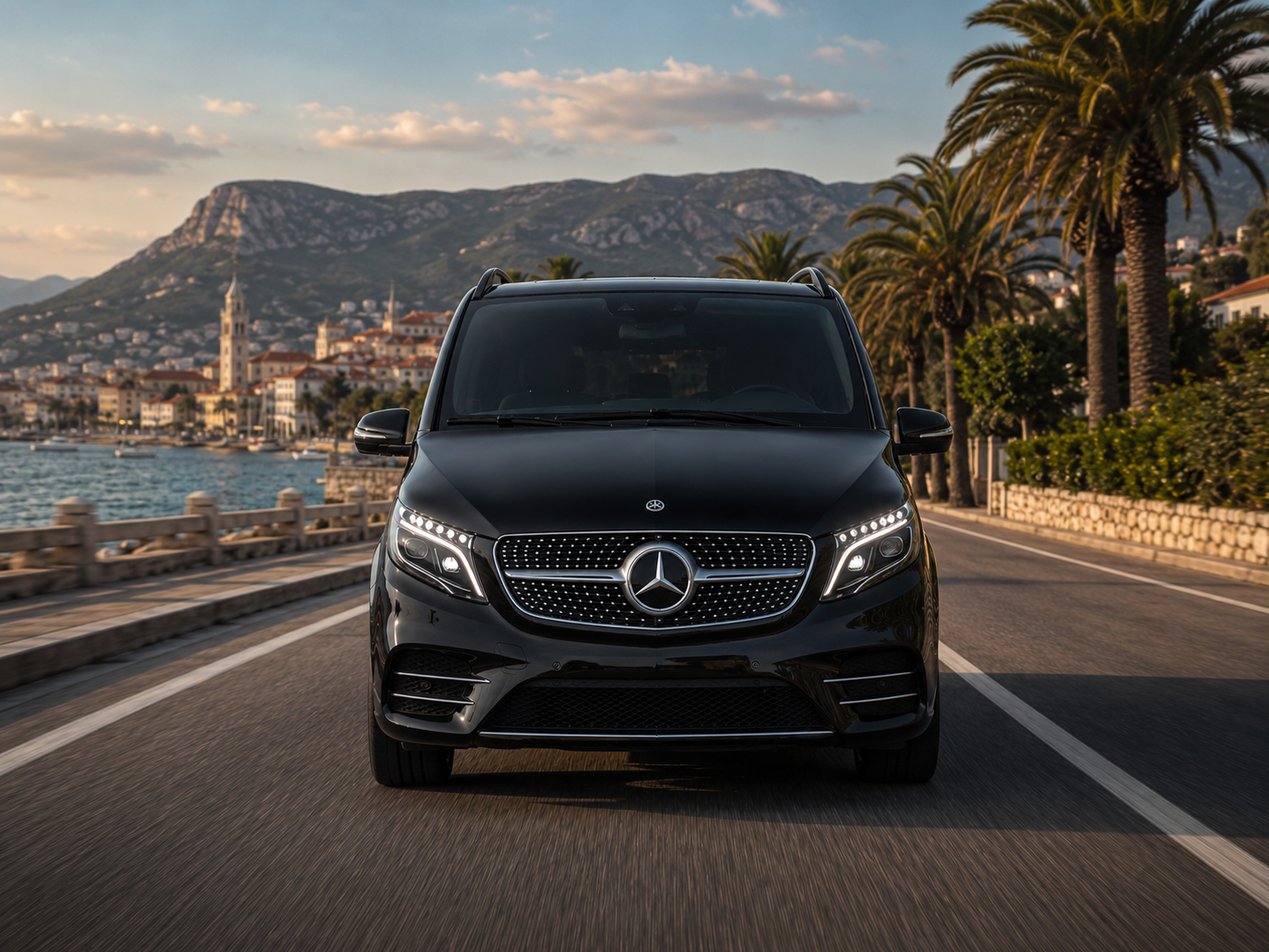 Custom Itinerary Luxury black minivan on a scenic coastal road for Split VIP transfer