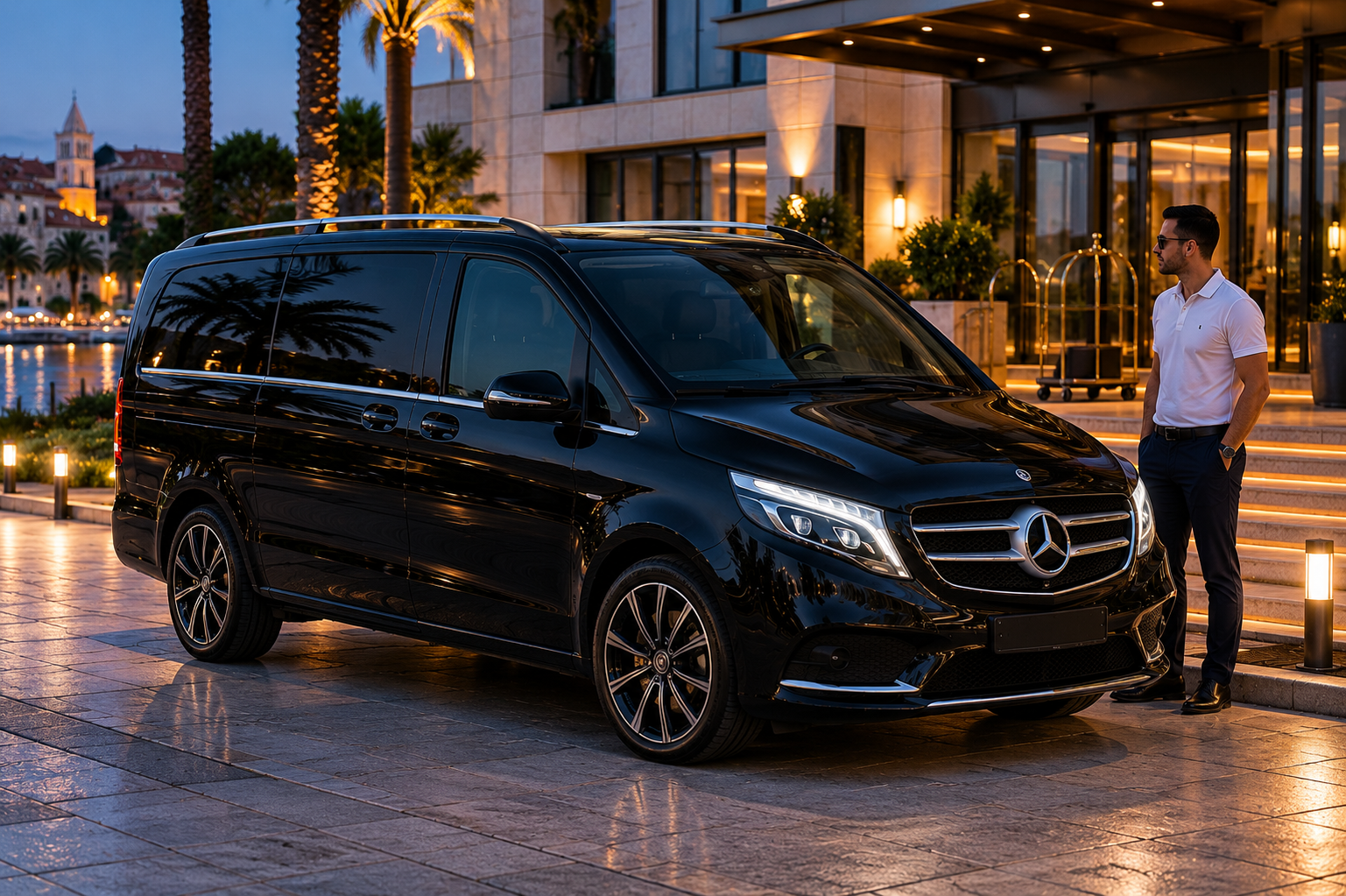 Custom Itinerary Private chauffeur with a premium black minivan for luxury Split VIP transfer at night