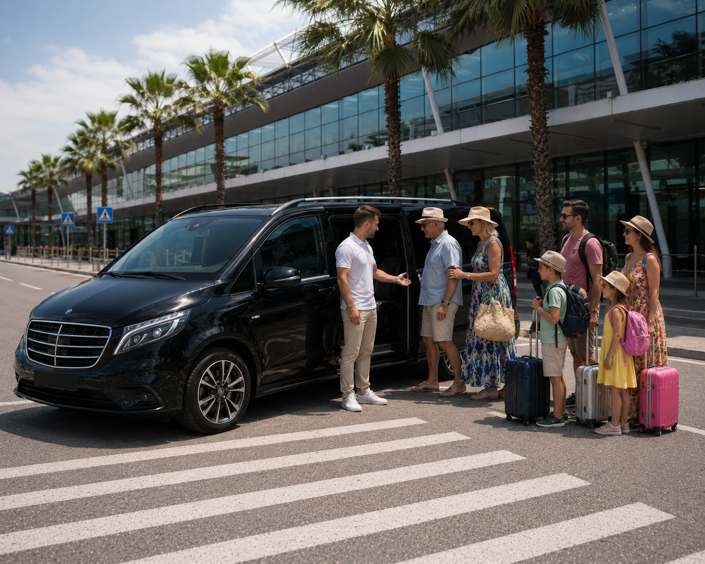 Custom Itinerary Private chauffeur welcoming a family outside Split Airport terminal for Split VIP transfer